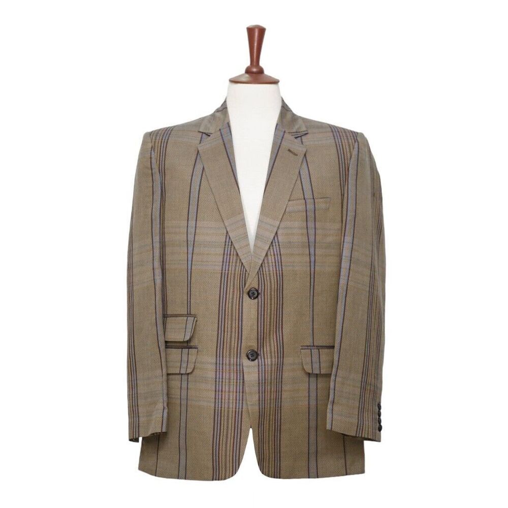 Mens Blazer Brown Blue Plaid Check Wool Blend Dress Formal Jacket Sport Coat 44R